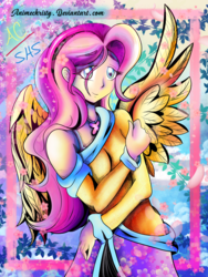 Size: 1024x1365 | Tagged: safe, artist:animechristy, fluttershy, equestria girls, g4, anime, cherry blossoms, clothes, cloud, flower, flower blossom, flower in hair, jasmine, leaves, sweater, sweatershy, winged humanization, wings