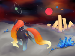 Size: 2000x1500 | Tagged: safe, artist:hirundoarvensis, oc, oc only, oc:gravity, pony, unicorn, female, looking back, mare, planet, satellite, solo, space