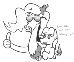 Size: 459x385 | Tagged: safe, artist:jargon scott, discord, fluttershy, draconequus, pegasus, pony, g4, butterscotch, dialogue, eris, female, grayscale, grin, hover hand, hug, male, monochrome, rule 63, simple background, smiling, stallion, sunglasses, thumbs up, white background