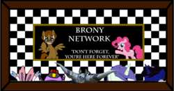 Size: 771x404 | Tagged: safe, artist:mr square, pinkie pie, oc, oc:bn king, g4, banner, brony network, header, otakubrawler, winef, you're here forever