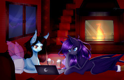 Size: 2424x1572 | Tagged: safe, artist:clefficia, oc, oc only, oc:ender heart, oc:lucy, pegasus, pony, computer, ear piercing, female, fireplace, indoors, laptop computer, looking down, mare, night, piercing, pillow, prone, signature, window