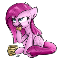 Size: 1024x1021 | Tagged: safe, artist:lbrcloud, pinkie pie, pony, g4, candy, chest fluff, colored sketch, cookie, ear fluff, eating, female, food, mare, open mouth, pinkamena diane pie, simple background, sitting, sketch, solo, white background