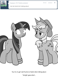 Size: 600x800 | Tagged: safe, artist:dekomaru, applejack, twilight sparkle, pony, tumblr:ask twixie, g4, applestuck, ask, grayscale, monochrome, scrunchy face, tumblr