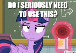 Size: 1442x1000 | Tagged: safe, edit, edited screencap, screencap, twilight sparkle, alicorn, pony, g4, top bolt, airhorn, chalkboard, female, image macro, meme, question, solo, twilight sparkle (alicorn), unamused