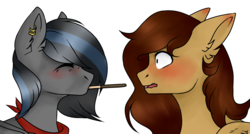 Size: 1476x790 | Tagged: artist needed, safe, oc, oc only, oc:dizzy, oc:notde, bat pony, blushing, cute, female, food, male, pocky, shipping