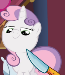 Size: 394x460 | Tagged: safe, edit, edited screencap, screencap, sweetie belle, g4, just for sidekicks, knife, knife cat, ponified animal photo, smug