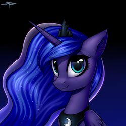 Size: 3000x3000 | Tagged: safe, artist:setharu, princess luna, alicorn, pony, g4, bust, crown, cute, ear fluff, eye reflection, female, high res, jewelry, looking at you, lunabetes, mare, night, portrait, reflection, regalia, signature, smiling, solo
