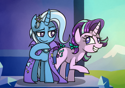 Size: 1754x1240 | Tagged: safe, artist:rambopvp, starlight glimmer, trixie, pony, unicorn, g4, alternate hairstyle, bow, cape, clothes, duo, evil smile, female, grin, mare, smiling, trixie's cape