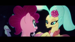 Size: 1280x720 | Tagged: safe, screencap, pinkie pie, princess skystar, earth pony, seapony (g4), g4, my little pony: the movie, blue mane, bubble, eyelashes, female, flowing mane, freckles, happy, jewelry, lidded eyes, looking at each other, looking at someone, mare, necklace, ocean, pearl necklace, pink mane, scales, seaponified, seapony pinkie pie, seaquestria, seashell necklace, smiling, smiling at each other, species swap, teeth, underwater, water