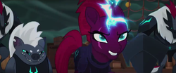 Size: 1917x797 | Tagged: safe, screencap, grubber, tempest shadow, pony, unicorn, g4, my little pony: the movie, armor, broken horn, eye scar, female, horn, male, mare, narrowed eyes, scar, smiling, smirk, sparking horn, storm guard, tempest shadow's bodyguard