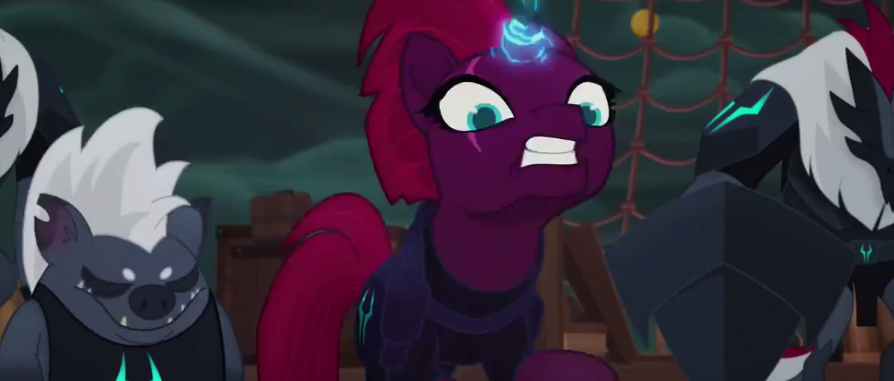 1533719 - safe, screencap, grubber, tempest shadow, pony, unicorn, my little pony: the movie, angry, armor, broken horn, eye scar, eyes closed, female, furious, horn, magic, male, mare, scar, sparking horn, storm