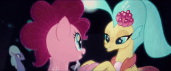Size: 1280x534 | Tagged: safe, screencap, pinkie pie, princess skystar, earth pony, seapony (g4), g4, my little pony: the movie, animated, black background, blue eyes, blue mane, bubble, dorsal fin, female, fin, fin wings, fins, fish tail, freckles, gif, glowing, happy, jewelry, looking at each other, looking at someone, mare, necklace, ocean, one small thing, open mouth, open smile, pearl necklace, scales, seaponified, seapony pinkie pie, seaquestria, simple background, singing, smiling, smiling at each other, species swap, tail, underwater, unnamed character, unnamed seapony, water, wings