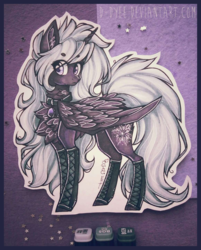 Size: 1161x1447 | Tagged: safe, artist:tay-niko-yanuciq, oc, oc only, alicorn, pony, alicorn oc, chest fluff, collar, ear fluff, female, fluffy mane, hoof boots, large wings, mare, marker, marker drawing, solo, traditional art, wings