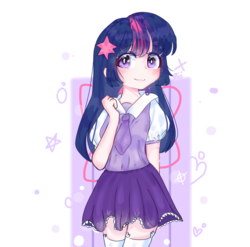 Size: 1213x1199 | Tagged: safe, artist:windymils, twilight sparkle, human, g4, clothes, cute, female, humanized, moe, necktie, skirt, smiling, socks, solo, thigh highs, twiabetes, zettai ryouiki