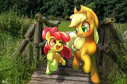 Size: 4000x2661 | Tagged: dead source, safe, artist:renokim, apple bloom, applejack, earth pony, pony, g4, apple bloom's bow, applejack's hat, bow, bridge, cowboy hat, female, filly, foal, grass, hair bow, hat, irl, looking at each other, mare, one eye closed, open mouth, open smile, photo, ponies in real life, signature, sisters, smiling