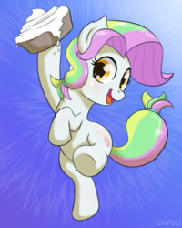 Size: 800x1000 | Tagged: safe, artist:empyu, coconut cream, earth pony, pony, fame and misfortune, g4, female, filly, food, hoof hold, pie, smiling, solo