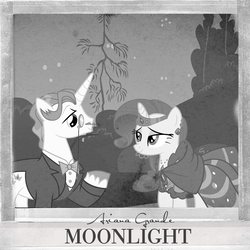 Size: 800x800 | Tagged: dead source, safe, artist:penguinsn1fan, artist:philiptomkins, artist:the smiling pony, fancypants, rarity, pony, g4, album, album cover, ariana grande, cover, duo, monochrome, parody, ponified, ponified album cover