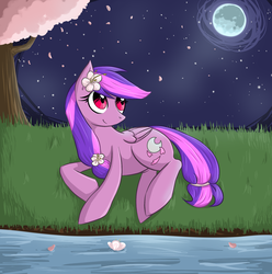 Size: 1745x1761 | Tagged: safe, artist:violentdreamsofmine, oc, oc only, oc:moonlight blossom, pegasus, pony, cherry blossoms, female, flower, flower blossom, grass, looking up, lying down, mare, moon, night, prone, relaxing, smiling, solo, stars, tree, water