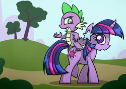 Size: 1754x1240 | Tagged: safe, artist:rambopvp, spike, twilight sparkle, dragon, pony, unicorn, g4, dragons riding ponies, duo, female, male, mare, riding, spike riding twilight, unicorn twilight