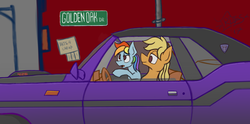 Size: 3028x1504 | Tagged: safe, artist:irdes, applejack, rainbow dash, earth pony, pegasus, pony, g4, car, duo, street, undercover