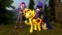 Size: 1366x768 | Tagged: safe, artist:migueruchan, starlight glimmer, sunset shimmer, unicorn, equestria girls, equestria girls specials, g4, 3d, beanie, brush, dc comics, gmod, hat, raven (dc comics), teen titans, teen titans go