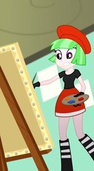 Size: 248x450 | Tagged: safe, screencap, drama letter, watermelody, equestria girls, g4, my little pony equestria girls: summertime shorts, the art of friendship, background human, beret, boots, clothes, cropped, female, hat, shoes, skirt, solo