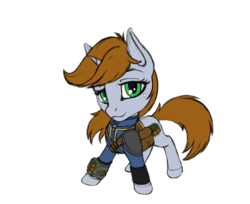 Size: 729x594 | Tagged: safe, artist:wwredgrave, oc, oc only, oc:littlepip, pony, unicorn, fallout equestria, chibi, clothes, colored hooves, cute, fallout, fanfic, fanfic art, female, hooves, horn, jumpsuit, mare, pipboy, pipbuck, pose, saddle bag, simple background, sketch, solo, vault suit, white background