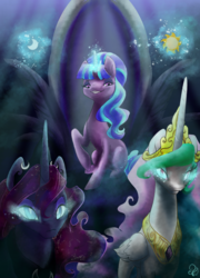 Size: 1080x1500 | Tagged: safe, artist:candasaurus, princess celestia, princess luna, starlight glimmer, alicorn, pony, unicorn, g4, bad end, cutie mark, evil, female, glowing eyes, grin, mare, mind control, smiling, this will end in communism, throne