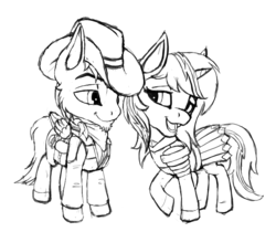 Size: 770x647 | Tagged: safe, artist:wwredgrave, oc, oc only, oc:calamity, oc:velvet remedy, earth pony, pegasus, pony, unicorn, fallout equestria, armor, black and white, brand, branding, chibi, clothes, colored hooves, couple, cowboy hat, cute, dashite, dress, fallout, fanfic, fanfic art, female, grayscale, hat, hooves, horn, love, male, mare, monochrome, open mouth, raised hoof, saddle bag, simple background, sketch, smiling, stallion, velamity, white background, wings