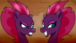 Size: 1024x576 | Tagged: safe, artist:susanzx2000, tempest shadow, pony, unicorn, g4, my little pony: the movie, broken horn, duality, female, horn, shadow, smiling, solo, watermark