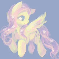 Size: 1280x1280 | Tagged: safe, artist:bells, fluttershy, pegasus, pony, g4, cute, female, flower, flower in hair, flying, long mane, mare, profile, shyabetes, smiling, solo, spread wings, wings