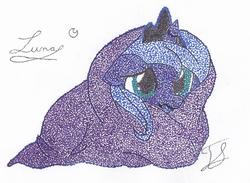 Size: 752x551 | Tagged: safe, artist:jessy, artist:mamandil, artist:thestipplebrony, princess luna, g4, blanket burrito, female, filly, pointillism, solo, stippling, traditional art, woona, younger