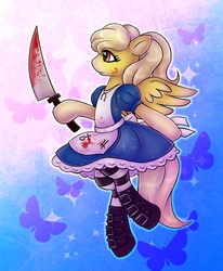 Size: 1644x2000 | Tagged: safe, artist:drawsyraccoon, oc, oc only, oc:lemon drop, pegasus, pony, alice: madness returns, blood, knife, solo, vorpal blade, ych result