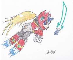 Size: 771x629 | Tagged: safe, artist:thestipplebrony, pony, unicorn, armor, boots, clothes, crossover, game, helmet, meagaman x, mega man (series), megaman zero, pointillism, shoes, solo, stippling, sword, traditional art, weapon, zero