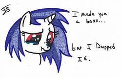 Size: 671x430 | Tagged: safe, artist:thestipplebrony, dj pon-3, vinyl scratch, g4, crying, female, pointillism, pun, sad, scrunchy face, simple background, solo, stippling, traditional art, white background