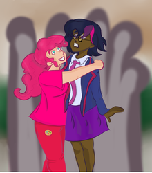 Size: 851x965 | Tagged: safe, artist:xxcamelia, pinkie pie, twilight sparkle, human, g4, alternate hairstyle, alternate universe, clothes, dark skin, female, glasses, hug, humanized, skirt