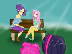 Size: 1400x1050 | Tagged: safe, artist:xxcamelia, fluttershy, pinkie pie, rarity, twilight sparkle, human, g4, alternate hairstyle, alternate universe, bench, boots, clothes, converse, female, high heel boots, humanized, shoes