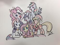Size: 960x720 | Tagged: safe, artist:thestipplebrony, applejack, fluttershy, pinkie pie, rainbow dash, rarity, twilight sparkle, g4, christmas, hearth's warming, holiday, mane six, mane six opening poses, pointillism, stippling, stock vector, traditional art