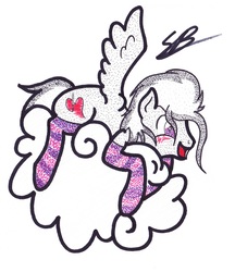 Size: 3184x3688 | Tagged: safe, artist:thestipplebrony, oc, oc only, oc:sweet strokes, clothes, heart eyes, high res, pointillism, socks, solo, stippling, striped socks, traditional art, wingding eyes