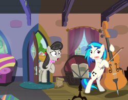 Size: 7600x6000 | Tagged: safe, artist:mundschenk85, artist:the smiling pony, artist:vectorshy, dj pon-3, octavia melody, vinyl scratch, pony, absurd resolution, apple, bag, blushing, bow (instrument), cello, cello bow, couch, female, food, jam, lesbian, musical instrument, scratchtavia, shipping, show accurate, vinyl and octavia's home, zap apple, zap apple jam