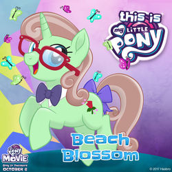 Size: 1080x1080 | Tagged: safe, oc, oc only, oc:beach blossom, butterfly, pony, unicorn, g4, my little pony: the movie, bow, bowtie, glasses, mlp movie pony maker, my little pony logo, tail bow