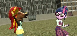 Size: 1280x600 | Tagged: safe, artist:n3onh100, sci-twi, sunset shimmer, twilight sparkle, horse, equestria girls, g4, 3d, gmod, horse head