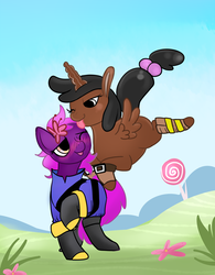 Size: 1381x1772 | Tagged: safe, artist:clockworkbat, oc, oc only, oc:inner sight, oc:lolly pop, earth pony, pony, alternate clothes, balloonicorn, blushing, clothes, flower, flower in hair, inflation, leggings, licking, pyro (tf2), pyroland, team fortress 2, tongue out