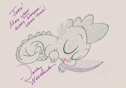 Size: 4028x2820 | Tagged: safe, artist:thestipplebrony, spike, dragon, g4, male, pointillism, signature, sleeping, solo, spiked punch, stippling, traditional art