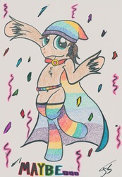 Size: 4112x5928 | Tagged: safe, artist:thestipplebrony, oc, oc only, oc:prisma charm, absurd resolution, beanie, belt, bipedal, cape, clothes, hat, pointillism, rainbow, socks, solo, stippling, traditional art, unshorn fetlocks