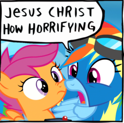 Size: 680x674 | Tagged: safe, edit, edited screencap, screencap, rainbow dash, scootaloo, pegasus, pony, g4, parental glideance, boop, clothes, dialogue, duo, female, horrified, jesus christ how horrifying, looking at each other, looking at someone, mare, noseboop, open mouth, reaction image, scrunchy face, speech bubble, uniform, wonderbolts uniform