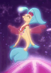 Size: 360x519 | Tagged: safe, screencap, princess skystar, seapony (g4), g4, my little pony: the movie, animated, blue mane, bubble, cute, dancing, dorsal fin, eyes closed, female, fin, fin wings, fins, fish tail, flower, flower in hair, flowing mane, flowing tail, gif, glowing, happy, hnnng, jewelry, necklace, ocean, pearl necklace, seaquestria, skyabetes, smiling, solo, swimming, tail, underwater, water, weapons-grade cute, wings