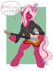 Size: 3000x4000 | Tagged: safe, artist:manestreamstudios, oc, oc only, oc:pynk hyde, unicorn, semi-anthro, clothes, crying, curved horn, dialogue, electric guitar, glowing horn, guitar, halestorm, horn, jacket, musical instrument, rock (music), rocker, singing, song reference