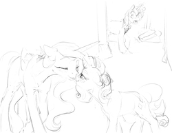 Size: 1100x850 | Tagged: safe, artist:silfoe, prince blueblood, princess celestia, rarity, alicorn, pony, unicorn, other royal book, g4, bedroom eyes, black and white, blushing, boop, eyes closed, female, floppy ears, frown, grayscale, grin, lesbian, levitation, magic, male, mare, monochrome, noseboop, nuzzling, open mouth, ship:rarilestia, shipping, shocked, simple background, sketch, smiling, stallion, telekinesis, trio, white background, wide eyes