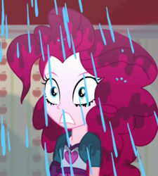 Size: 617x687 | Tagged: safe, screencap, pinkie pie, epic fails, equestria girls, g4, my little pony equestria girls: summertime shorts, clothes, cropped, female, makeup, running makeup, shirt, skirt, solo, teenager, vest, wet boots, wet clothes, wet hair